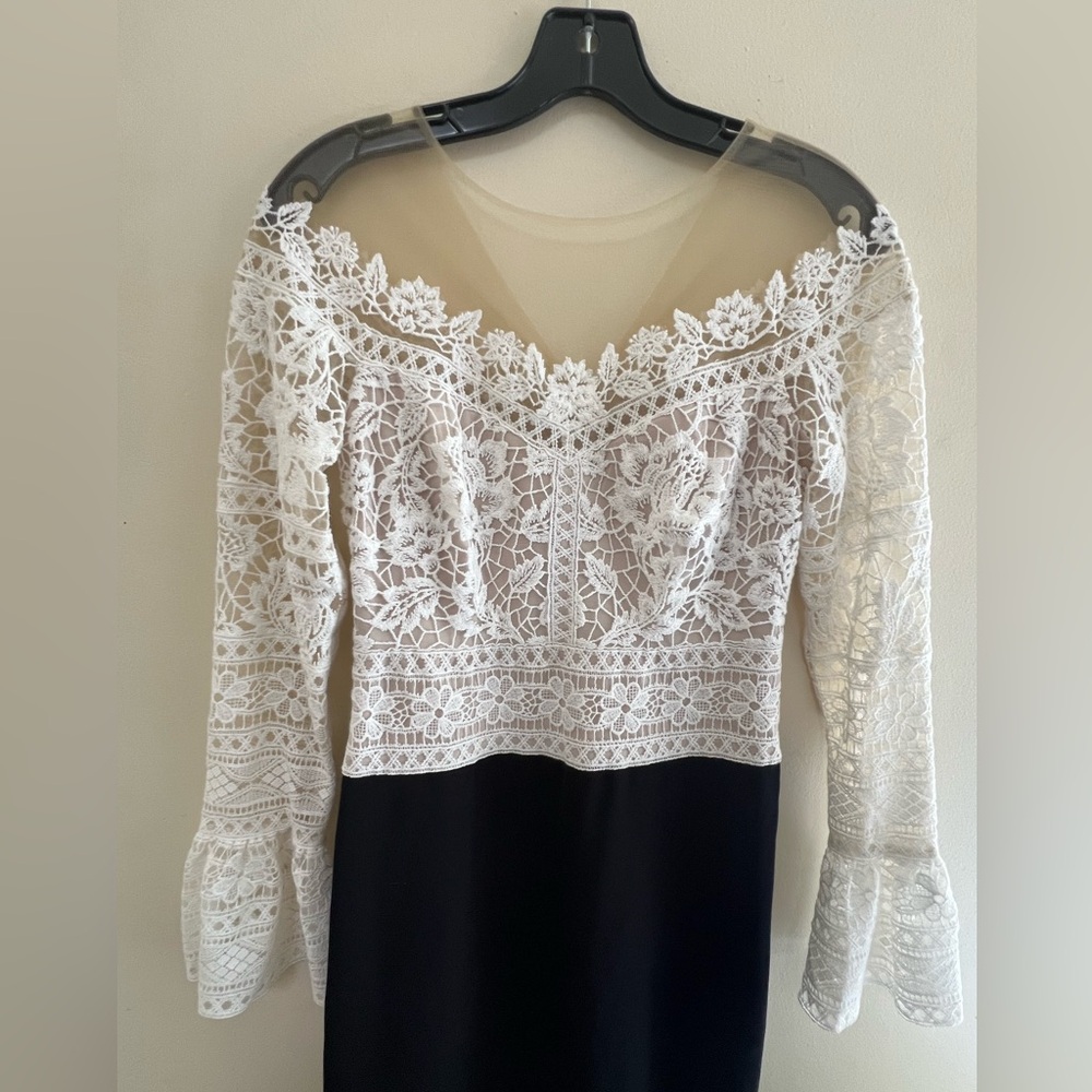 Tadashi Shoji Elegant Lace Long Sleeve Dress in Black and Cream - Picture 3 of 10